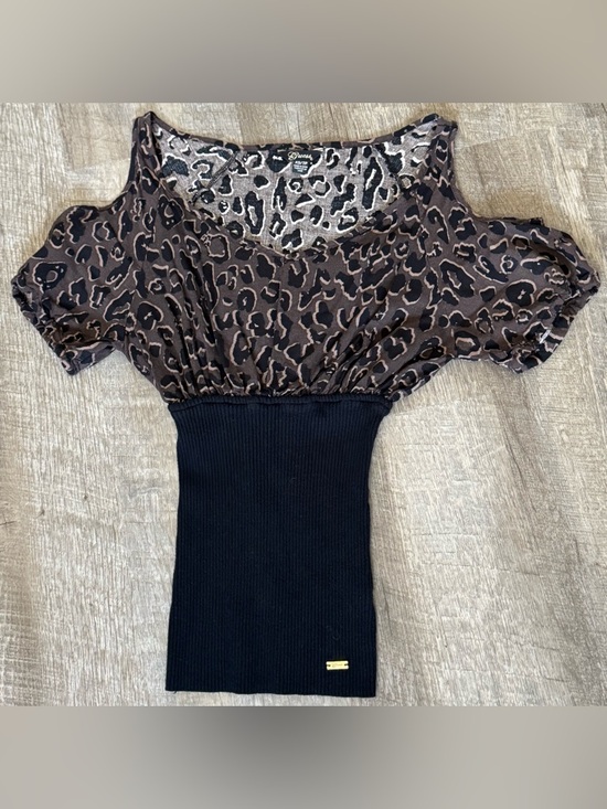 Guess Tops - Guess Brown Leopard Print Open  Shoulder Top with Black Ribbed Waist, NWOT, XS